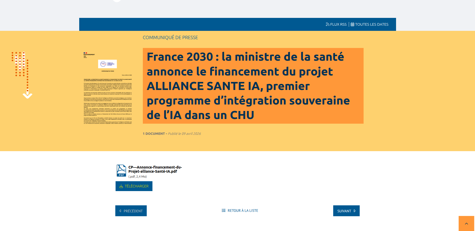 Capture d'écran de l'annonce du financement du projet ALLIANCE SANTE IA